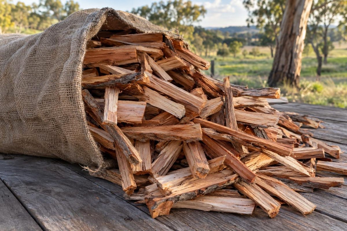 Split hardwood kindling spilling from a hessian sack