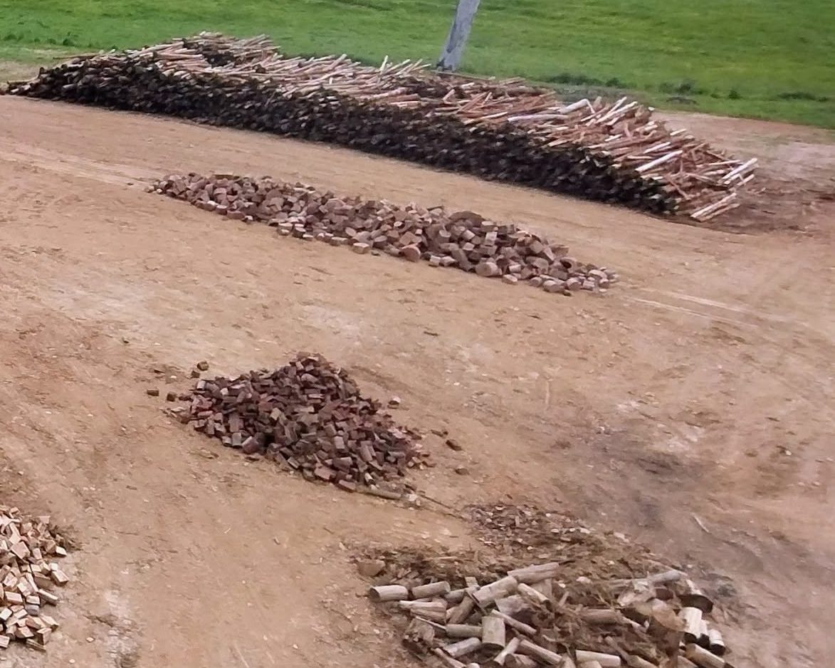 Rows of redgum and local hardwood rounds and split wood at the yard